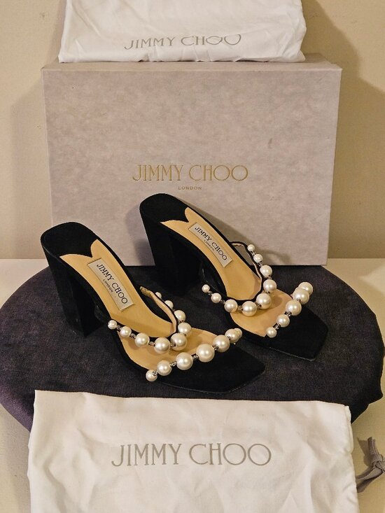 Jimmy Choo Shoes - Jimmy Choo Amara 85mm Pearl Straps Suede Block Heels Mules EUC  EU 38.5 US 8-8.5